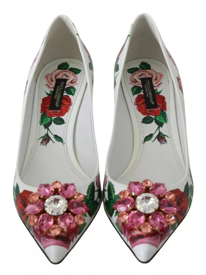 Dolce&Gabbana Women White Pumps 100% Leather Floral Print Kitten Heel Shoe EU 35