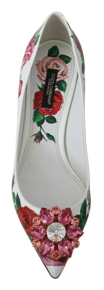 Dolce&Gabbana Women White Pumps 100% Leather Floral Print Kitten Heel Shoe EU 35