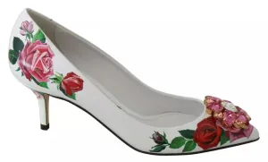 Dolce&Gabbana Women White Pumps 100% Leather Floral Print Kitten Heel Shoe EU 35