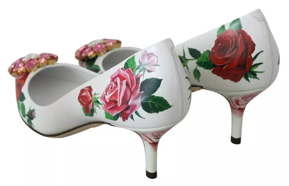 Dolce&Gabbana Women White Pumps 100% Leather Floral Print Kitten Heel Shoe EU 35