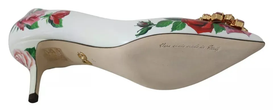 Dolce&Gabbana Women White Pumps 100% Leather Floral Print Kitten Heel Shoe EU 35