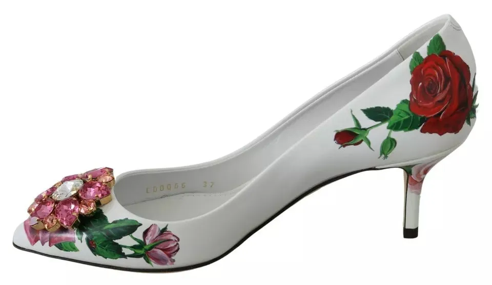 Dolce&Gabbana Women White Pumps 100% Leather Floral Print Kitten Heel Shoe EU 35