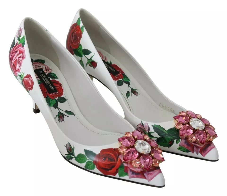 Dolce&Gabbana Women White Pumps 100% Leather Floral Print Kitten Heel Shoe EU 35