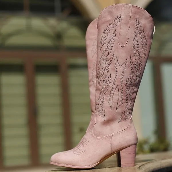 Embroidered Chunky Heel Women's Wide Calf Pink Boots
