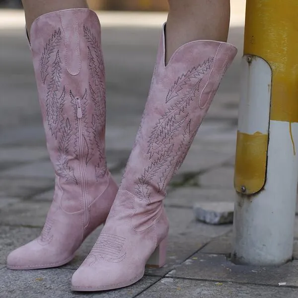 Embroidered Chunky Heel Women's Wide Calf Pink Boots