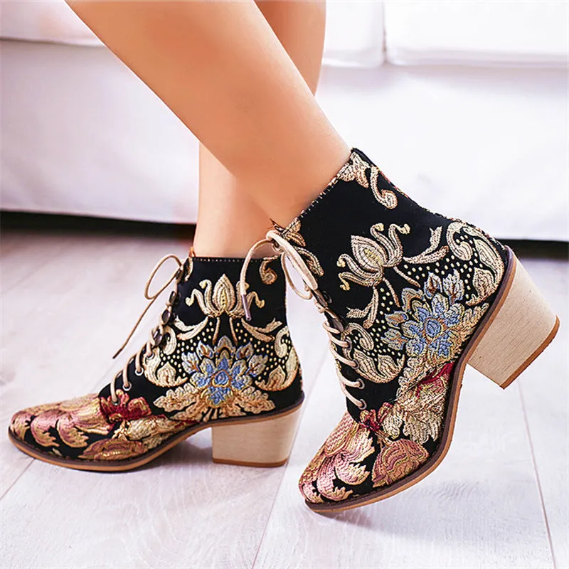 Embroidered Lace-up High Heel Boots