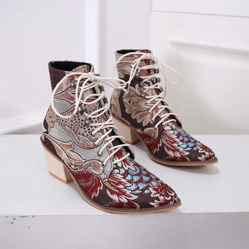 Embroidered Lace-up High Heel Boots