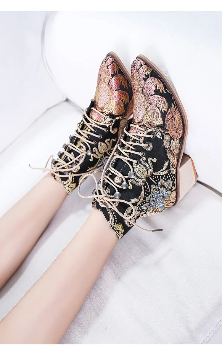 Embroidered Lace-up High Heel Boots