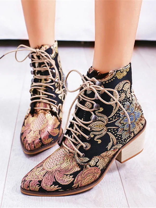 Embroidered Lace-up High Heel Boots