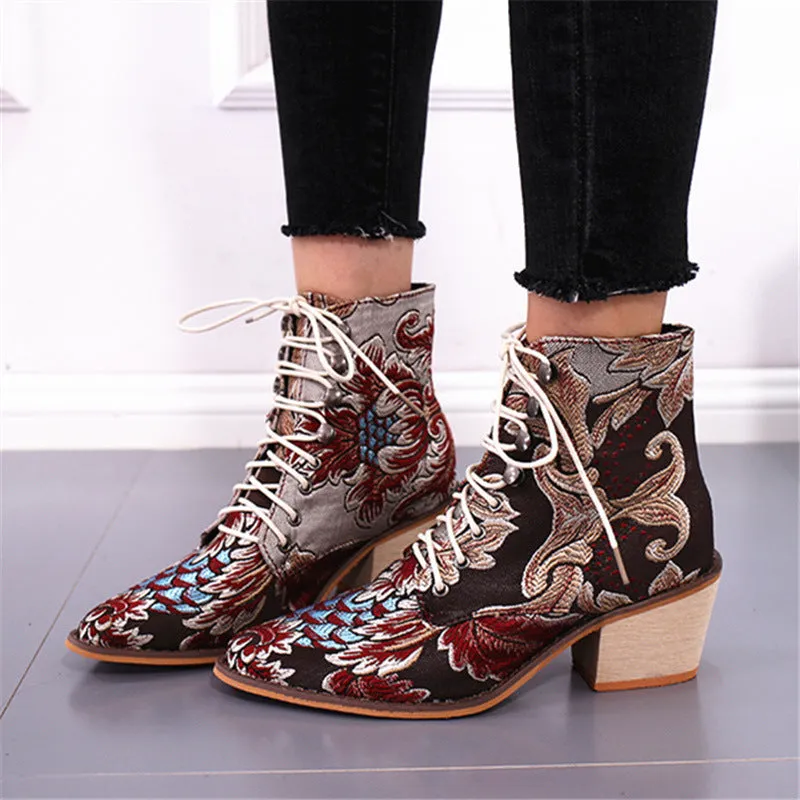 Embroidered Lace-up High Heel Boots