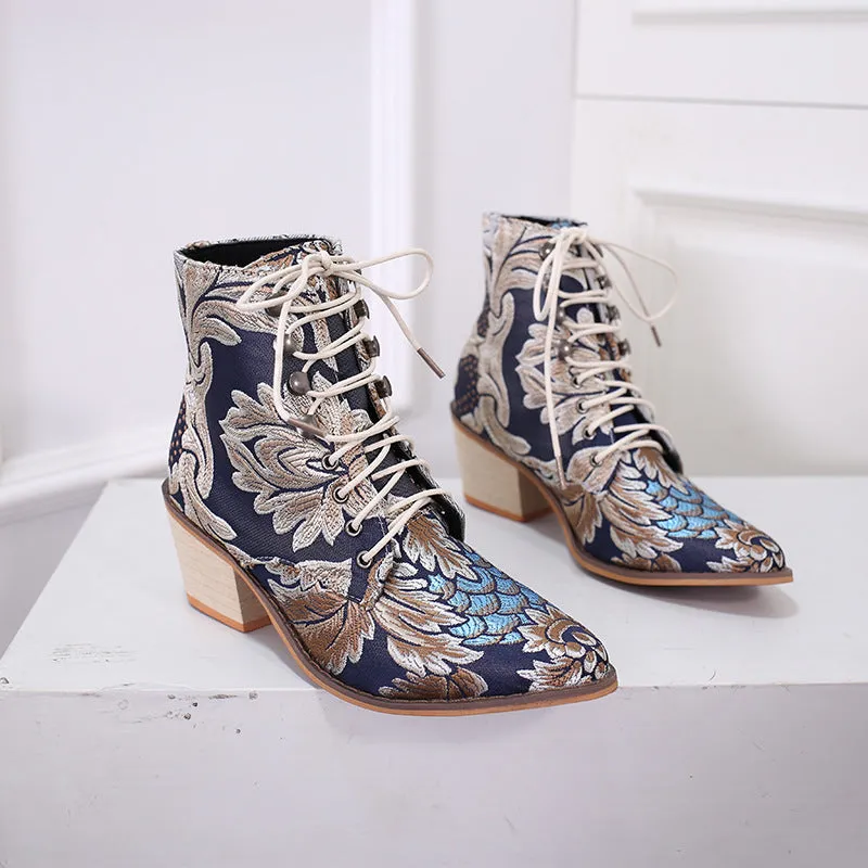 Embroidered Lace-up High Heel Boots
