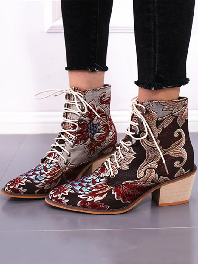 Embroidered Lace-up High Heel Boots