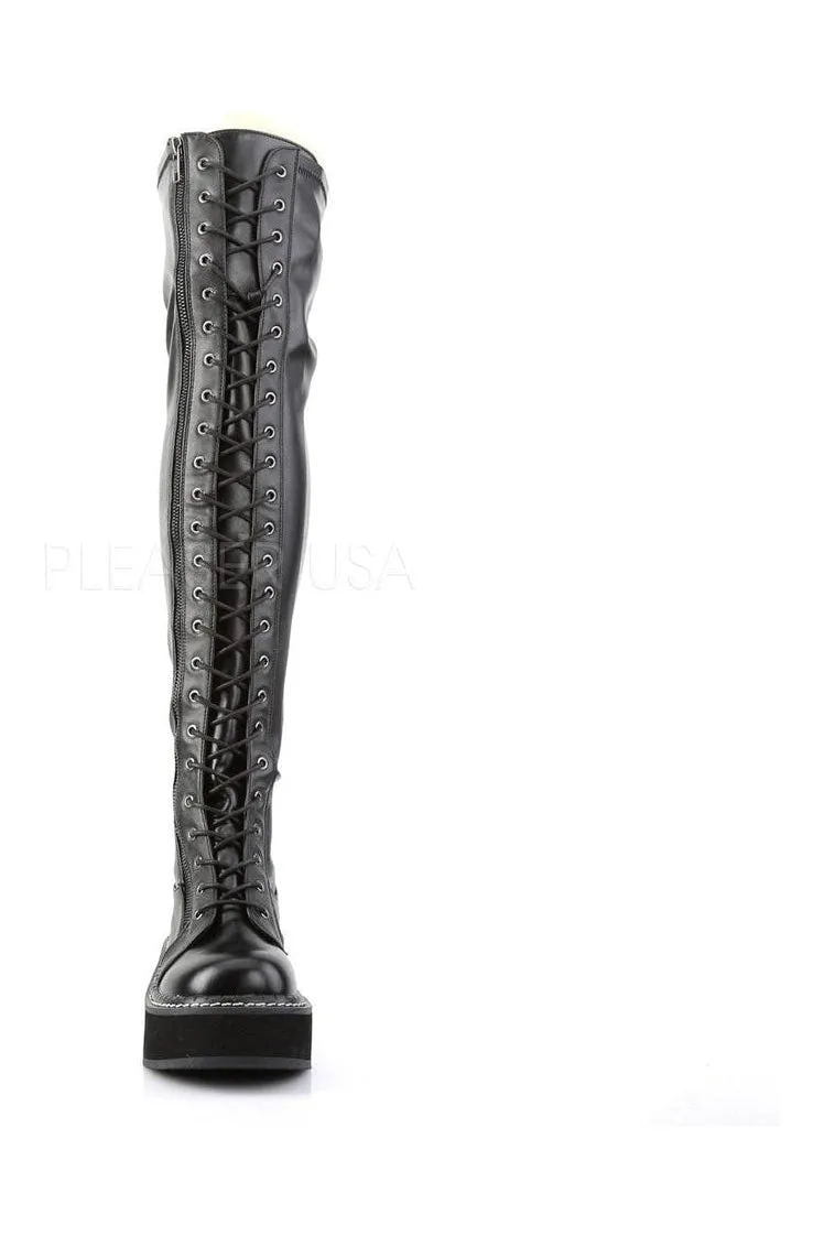 EMILY-375 Demonia Thigh Boot | Black Faux Leather