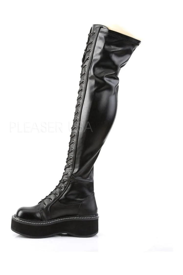EMILY-375 Demonia Thigh Boot | Black Faux Leather