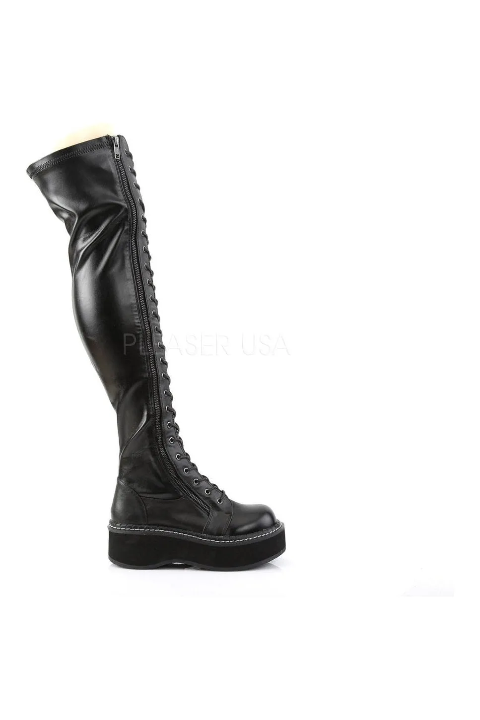 EMILY-375 Demonia Thigh Boot | Black Faux Leather