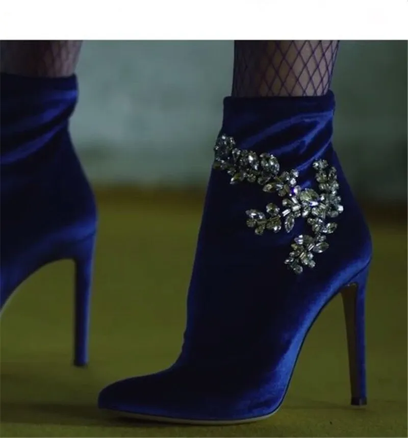 Fall Trending Blue Velvet Crystal Etched Leaves Booties Women Stretch Fabric Stiletto Ankle Boots Women Super High Heels