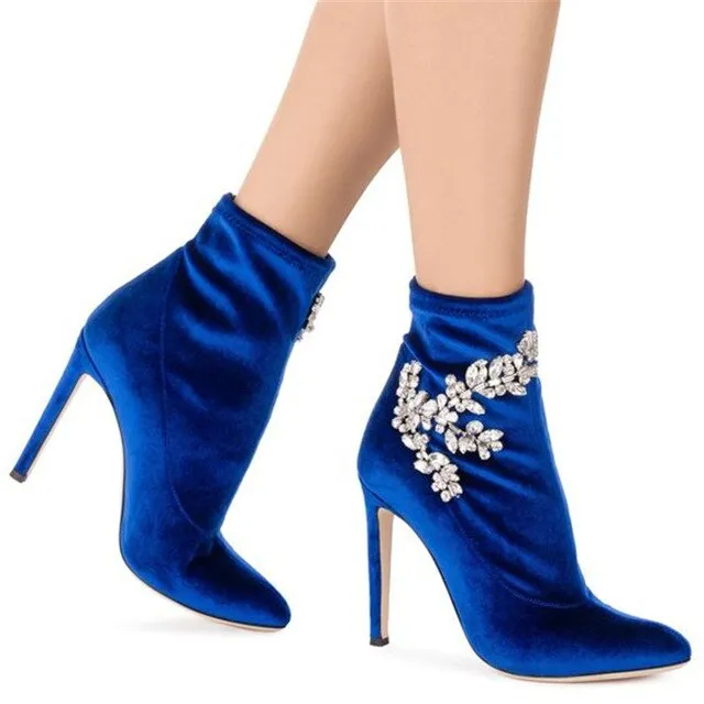 Fall Trending Blue Velvet Crystal Etched Leaves Booties Women Stretch Fabric Stiletto Ankle Boots Women Super High Heels