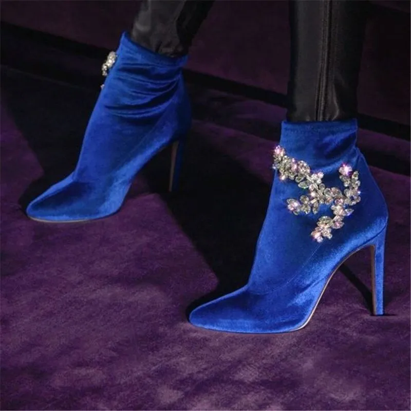Fall Trending Blue Velvet Crystal Etched Leaves Booties Women Stretch Fabric Stiletto Ankle Boots Women Super High Heels