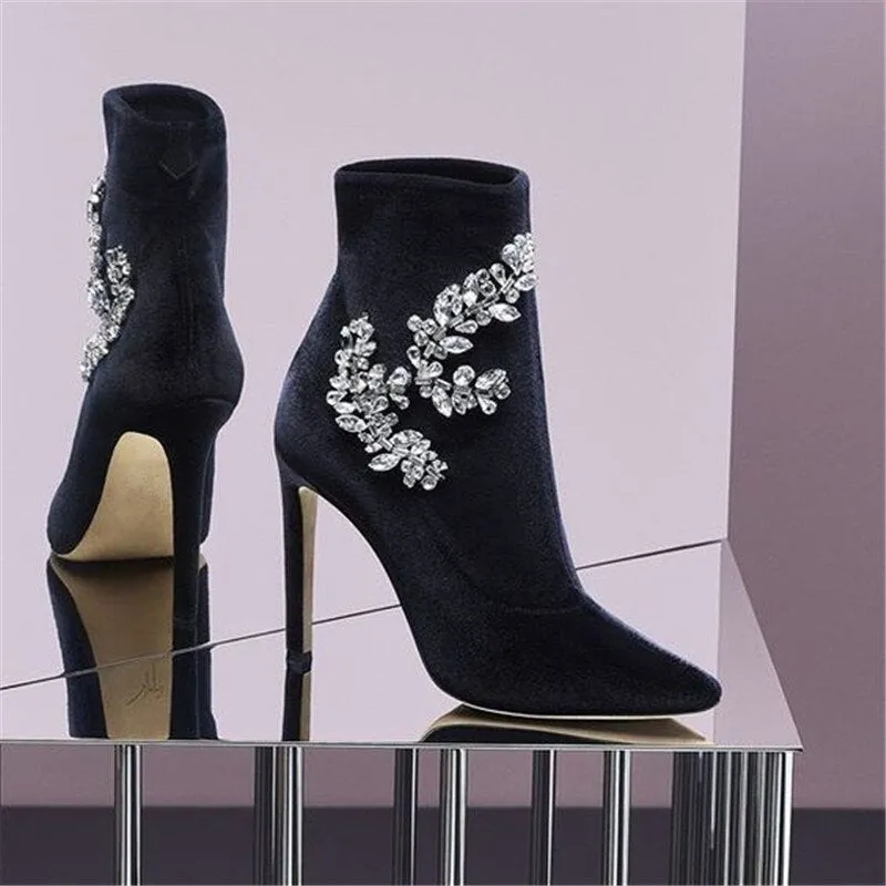 Fall Trending Blue Velvet Crystal Etched Leaves Booties Women Stretch Fabric Stiletto Ankle Boots Women Super High Heels