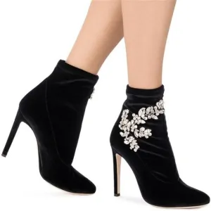 Fall Trending Blue Velvet Crystal Etched Leaves Booties Women Stretch Fabric Stiletto Ankle Boots Women Super High Heels