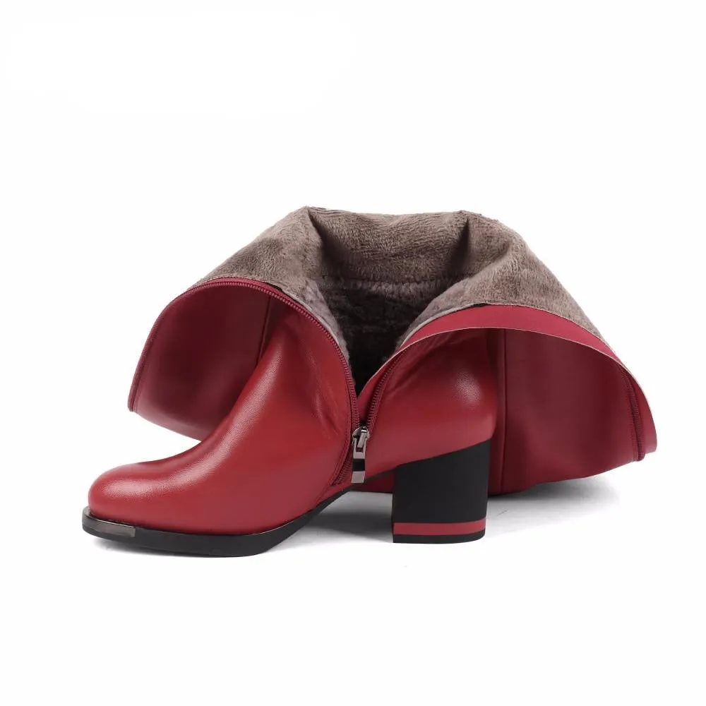 Fashion Color Design Boots High Quality Cow Leather Special Square Heel Round Toe Fashion Shoes New Women Boots