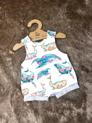 Floral whales Romper with rolled cuffs 0-4 years