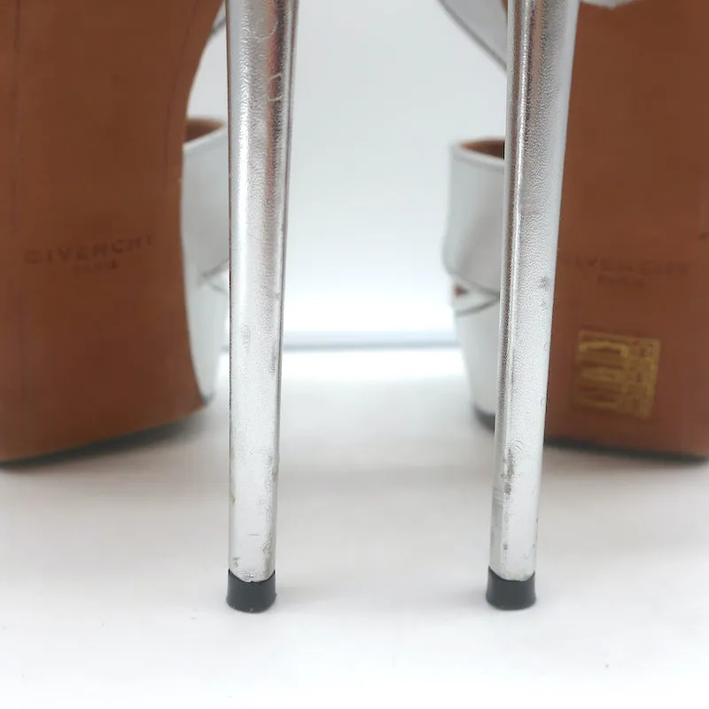 Givenchy Shark Lock Platform Sandals Silver Metallic Leather Size 38.5