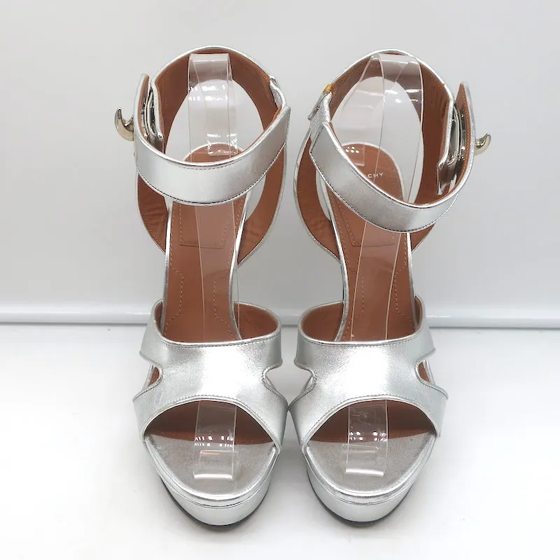 Givenchy Shark Lock Platform Sandals Silver Metallic Leather Size 38.5