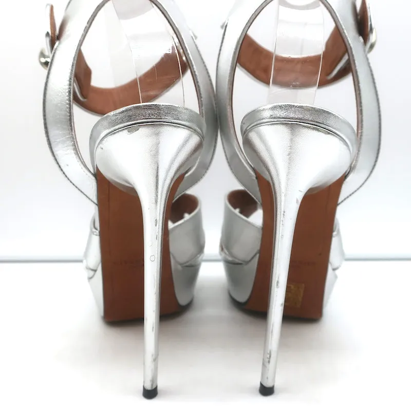 Givenchy Shark Lock Platform Sandals Silver Metallic Leather Size 38.5