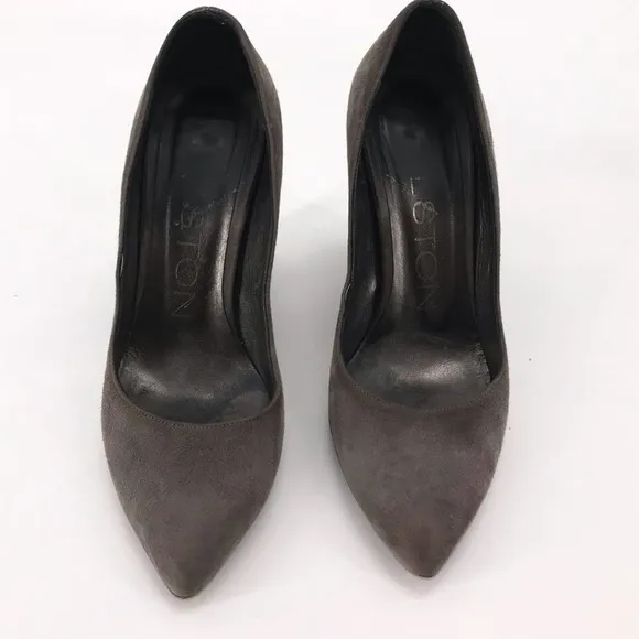 Halston Grey Suede Rectangular Wedge Pumps Sz 6