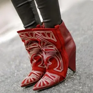 Hot Fashion Red Suede Ankle Boots Embroidered Lady Spike Heels Shoe Cowboy Short Boots Women Slip-on Pointed Toe Ankle Booties