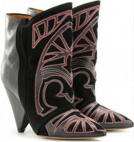 Hot Fashion Red Suede Ankle Boots Embroidered Lady Spike Heels Shoe Cowboy Short Boots Women Slip-on Pointed Toe Ankle Booties