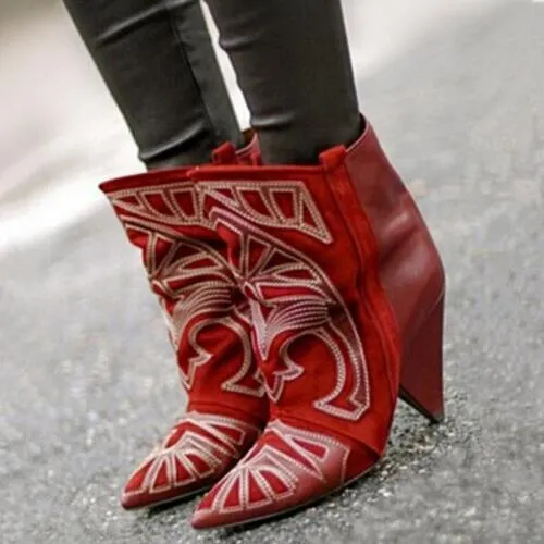 Hot Fashion Red Suede Ankle Boots Embroidered Lady Spike Heels Shoe Cowboy Short Boots Women Slip-on Pointed Toe Ankle Booties