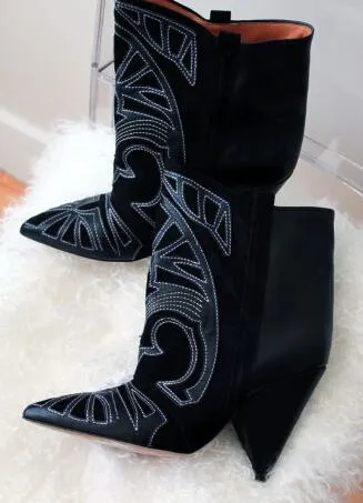 Hot Fashion Red Suede Ankle Boots Embroidered Lady Spike Heels Shoe Cowboy Short Boots Women Slip-on Pointed Toe Ankle Booties