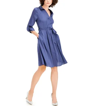 Inc International Concepts Womens 3/4-Sleeve Belted Shirt Dress Inkberry Blue 16