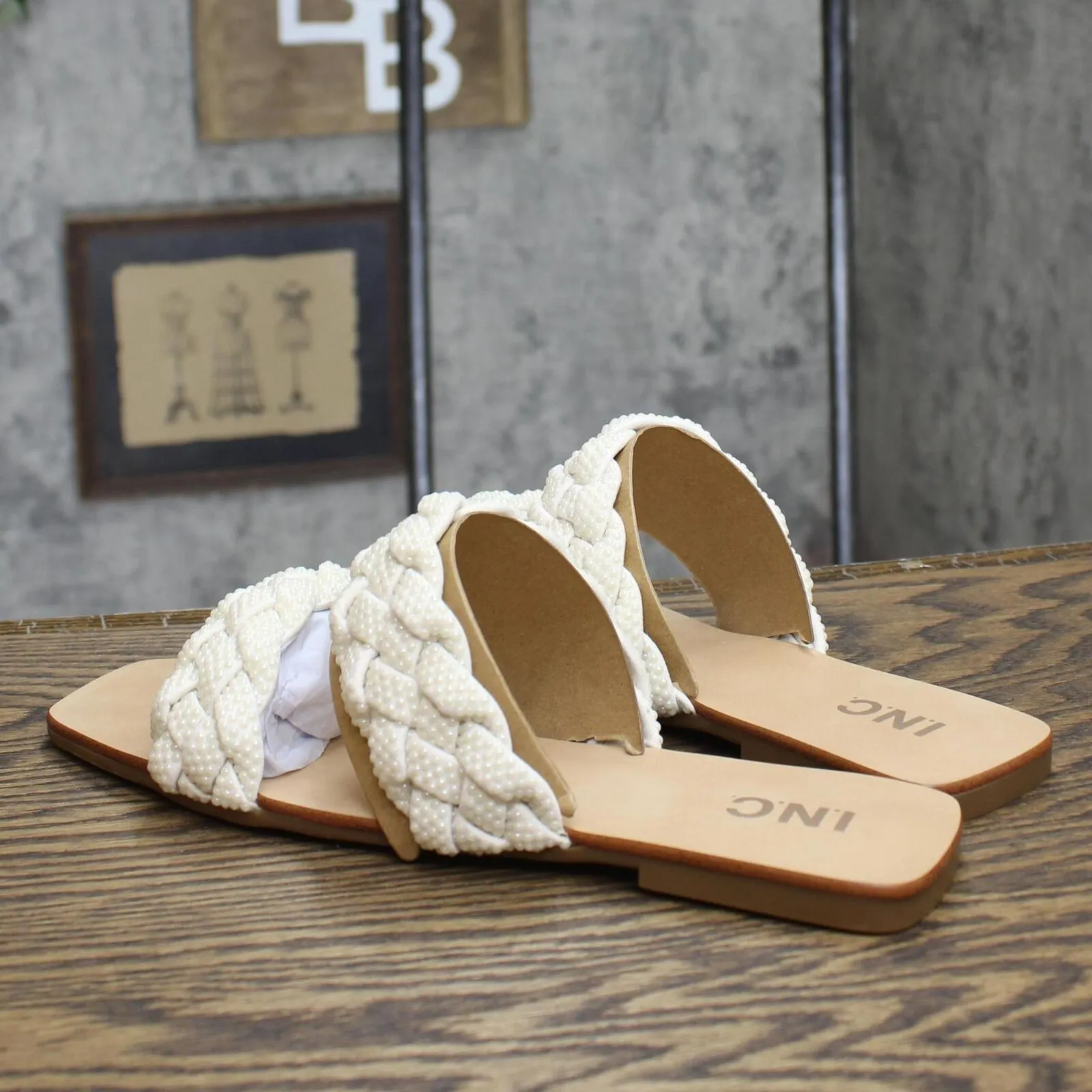 INC International Concepts Womens Petria Two-Band Flat Sandals White Pearl 10M