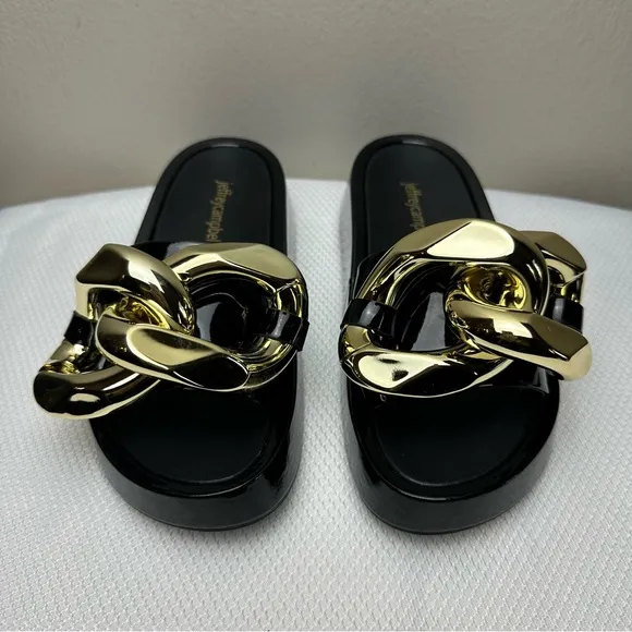 Jeffrey Campbell Epirus Slide Sandal Black Patent Gold Chain Sz 5.5