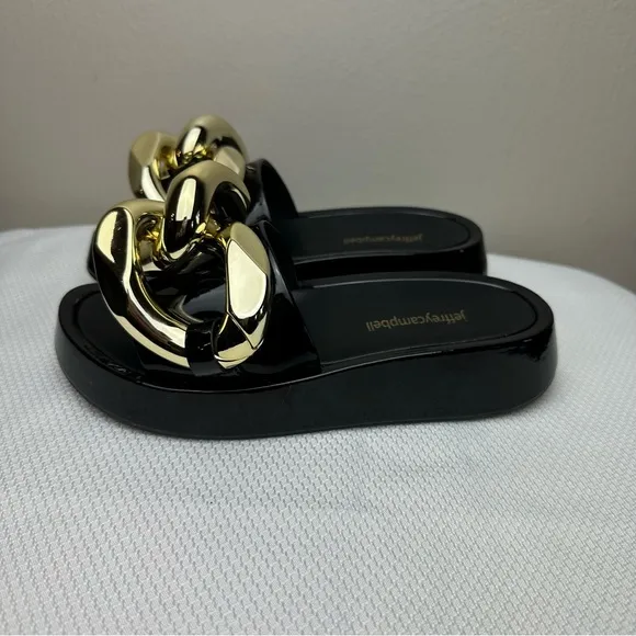 Jeffrey Campbell Epirus Slide Sandal Black Patent Gold Chain Sz 5.5