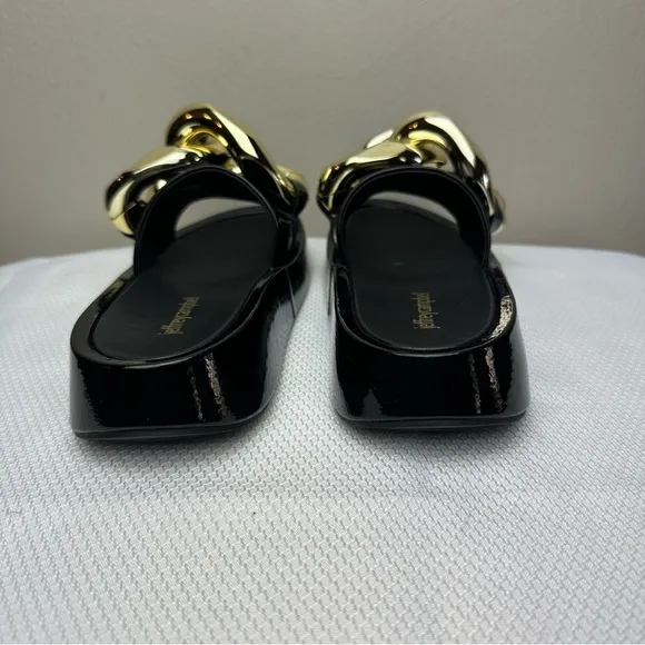 Jeffrey Campbell Epirus Slide Sandal Black Patent Gold Chain Sz 5.5