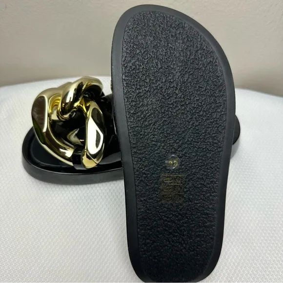 Jeffrey Campbell Epirus Slide Sandal Black Patent Gold Chain Sz 5.5