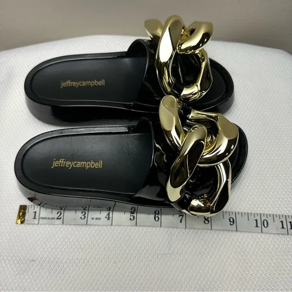 Jeffrey Campbell Epirus Slide Sandal Black Patent Gold Chain Sz 5.5