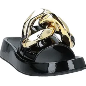 Jeffrey Campbell Epirus Slide Sandal Black Patent Gold Chain Sz 5.5