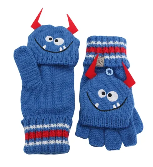 Kids Knitted Fingerless Gloves with Mitten Flaps - Monster