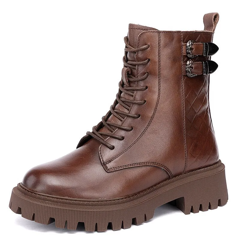 Lace Up Thick Heel Boots Women Round Toe