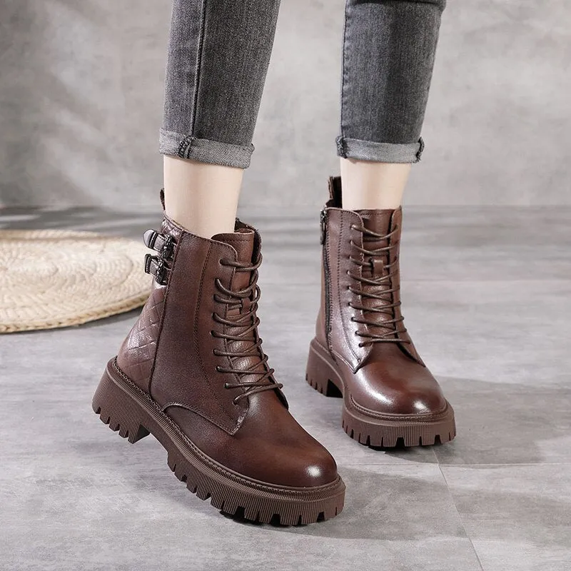 Lace Up Thick Heel Boots Women Round Toe