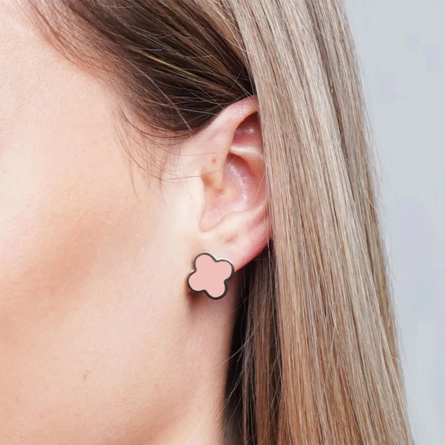 Large Pink Pearl Clover Stud Earrings