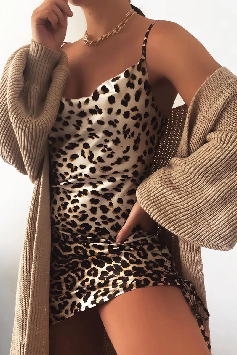 Leopard Satin Ruched Side Slip Bodycon Dress - Davie