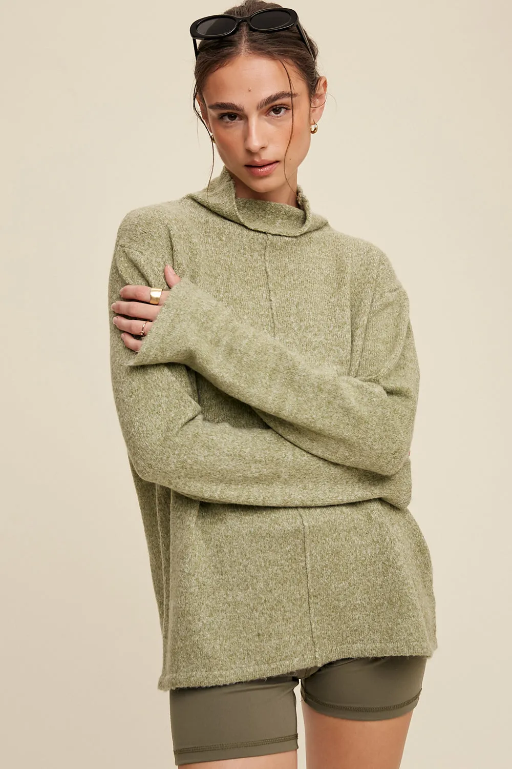 Light Weight Soft Touch Raw Edge Mock Neck Sweater