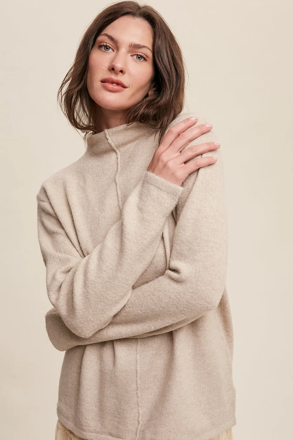 Light Weight Soft Touch Raw Edge Mock Neck Sweater