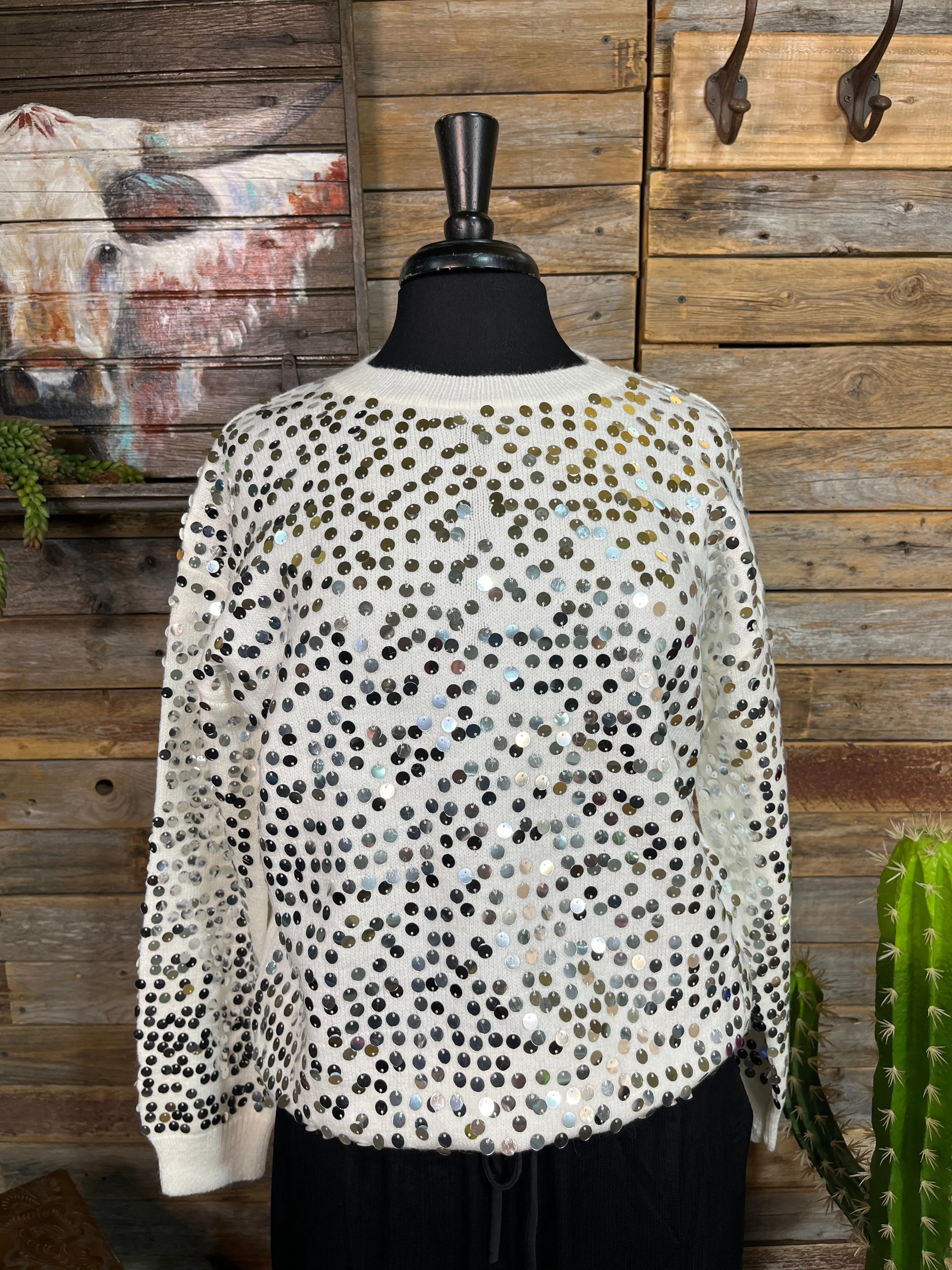 Maisy Sequin Crew Neck Sweater - White
